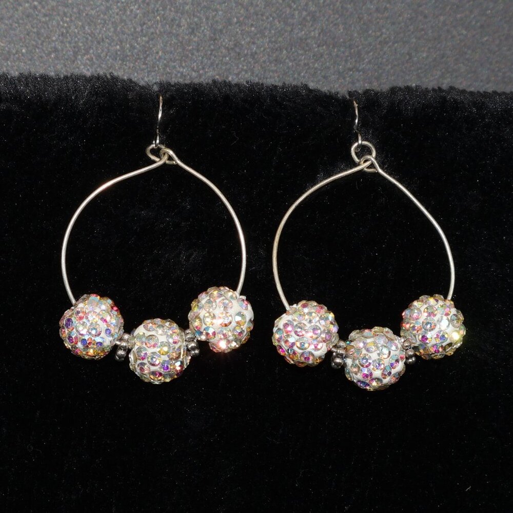 Large round aurora borealis rhinestone silver hoop earrings